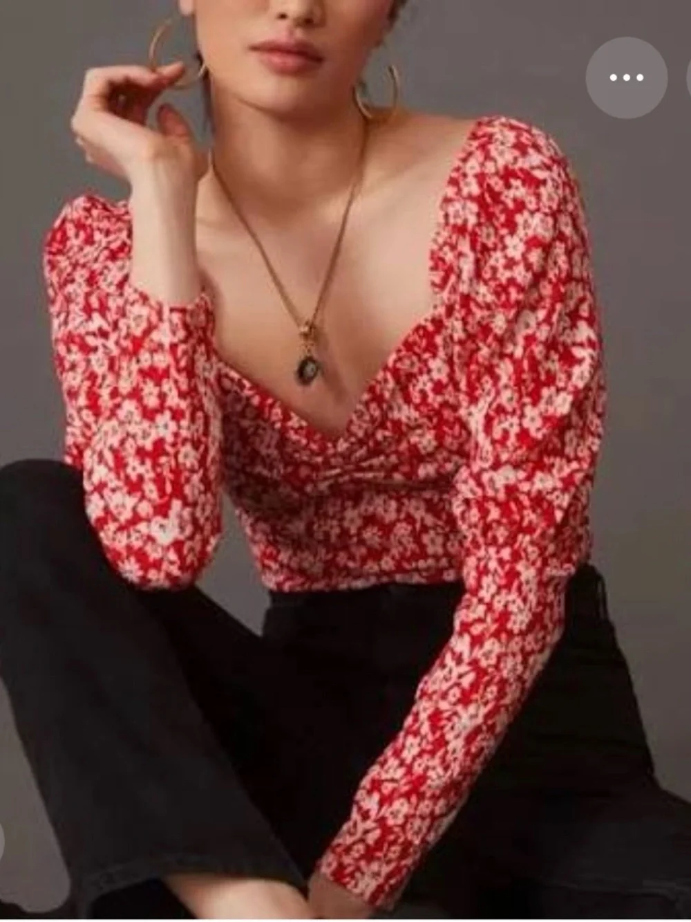 Anthropologie Red and White Floral Puff-Sleeve Square-Neck Top
